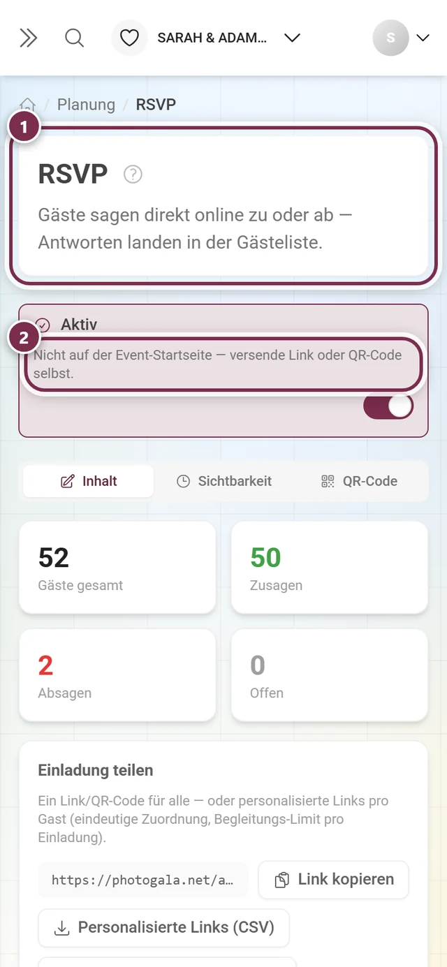 Kopfzeile des RSVP-Editors mit Titel und dem Aktiv-Streifen