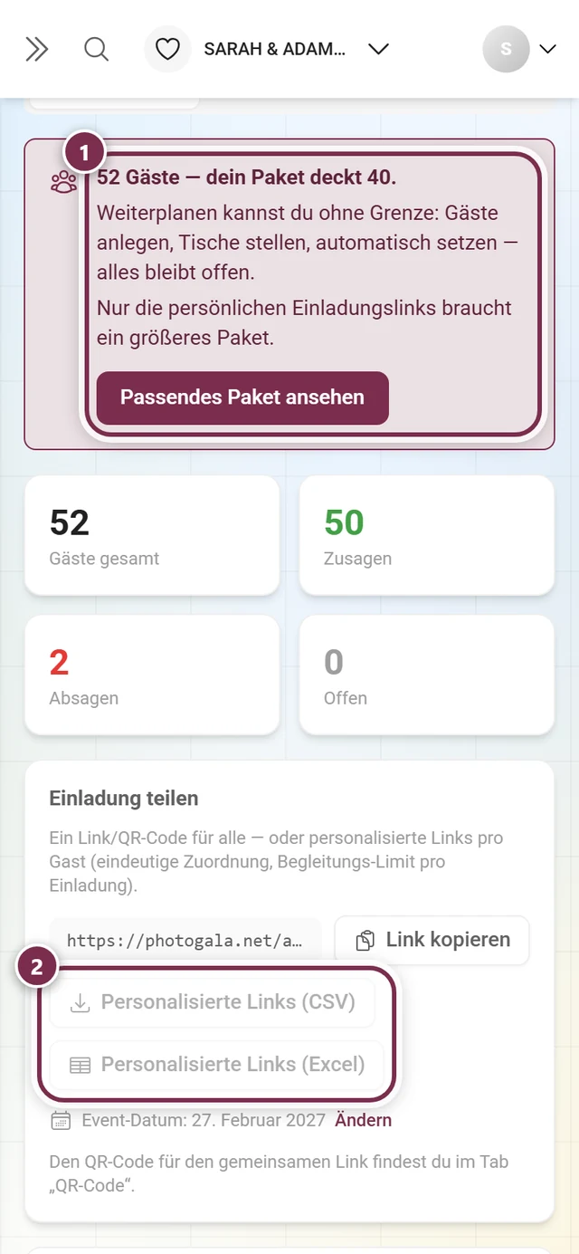 Kontingent-Kasten über dem Editor und die ausgegrauten Buttons für die personalisierten Links