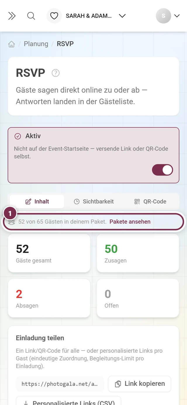 Schmale Hinweiszeile über den Kennzahlen: 52 von 65 Gästen in deinem Paket