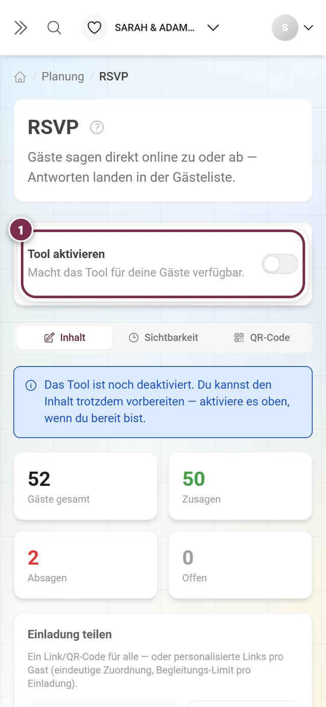 Die Karte Tool aktivieren im ausgeschalteten Zustand mit dem blauen Hinweis darunter