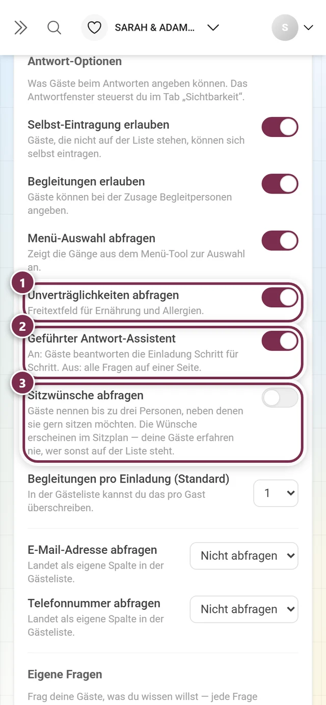 Die nächsten drei Antwort-Optionen: Unverträglichkeiten, Antwort-Assistent und Sitzwünsche