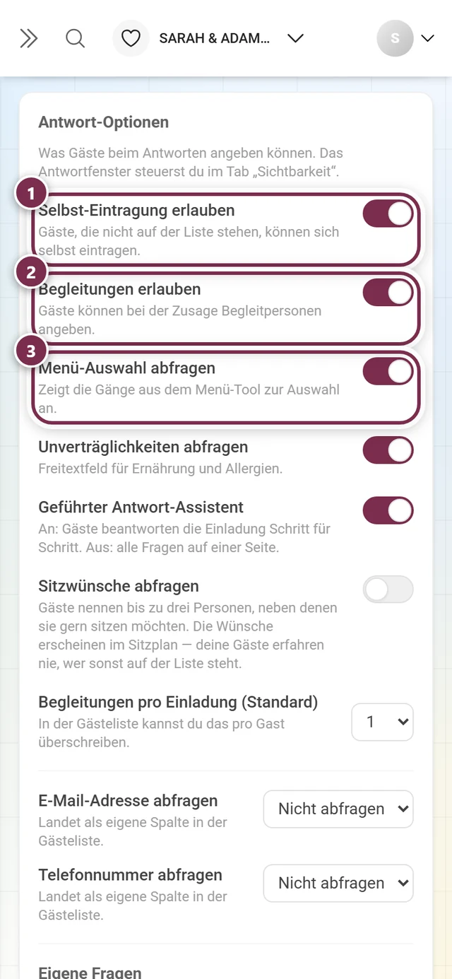Die ersten drei Antwort-Optionen: Selbst-Eintragung, Begleitungen und Menü-Auswahl