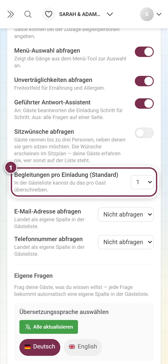Das Klappmenü Begleitungen pro Einladung (Standard)