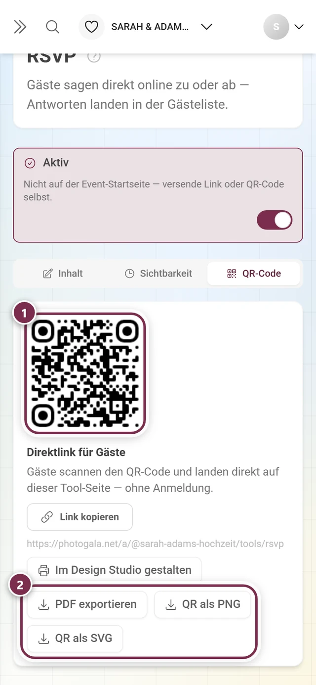Reiter QR-Code mit dem Code, dem Direktlink und den drei Datei-Buttons