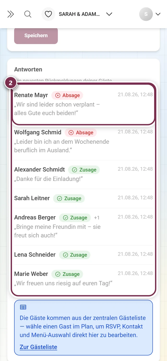 Der Abschnitt Antworten mit den eingegangenen Zu- und Absagen