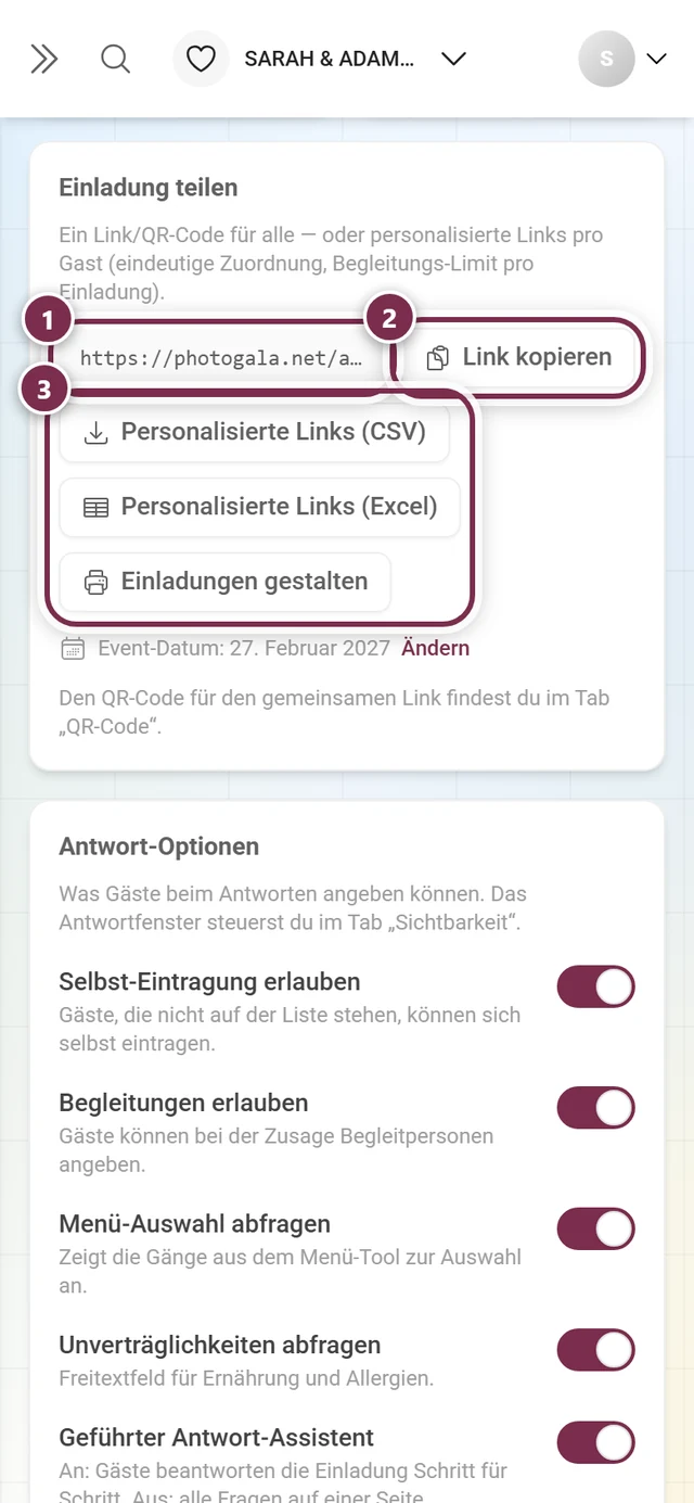 Abschnitt Einladung teilen mit Adresse, Link kopieren und den drei Ausliefer-Buttons