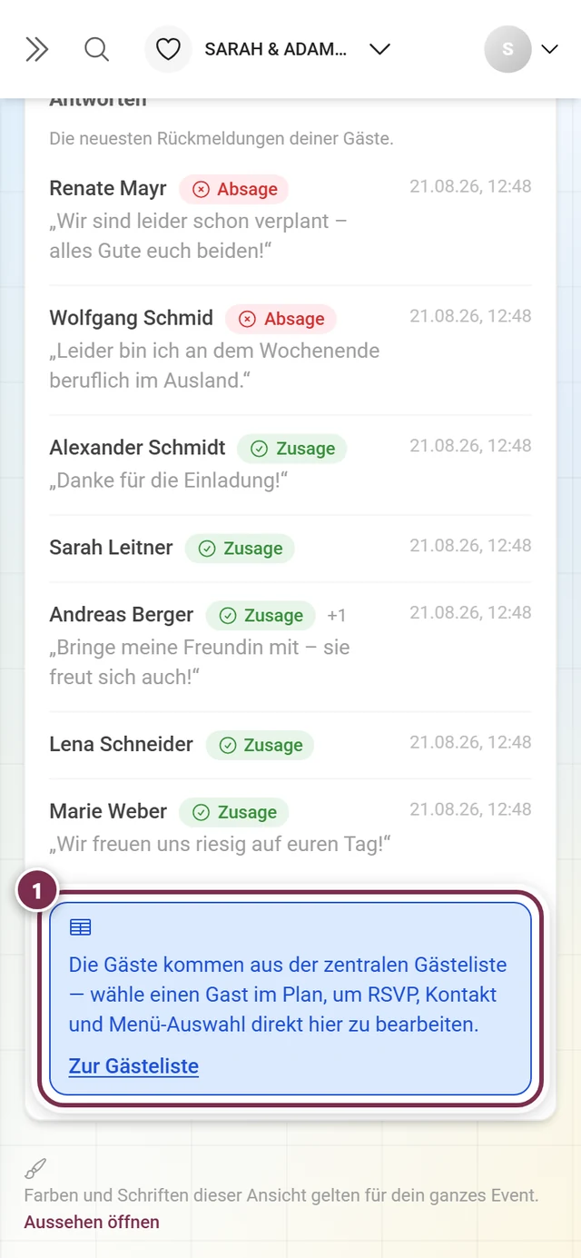 Der Hinweiskasten unter der Antwortliste mit dem Button Zur Gästeliste