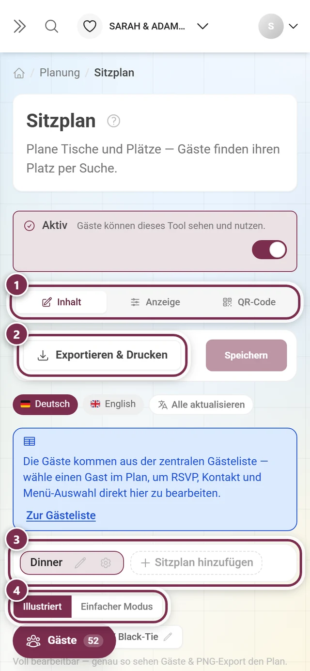 Sitzplan-Editor mit dem blauen Hinweis auf die zentrale Gästeliste und der Plan-Auswahl