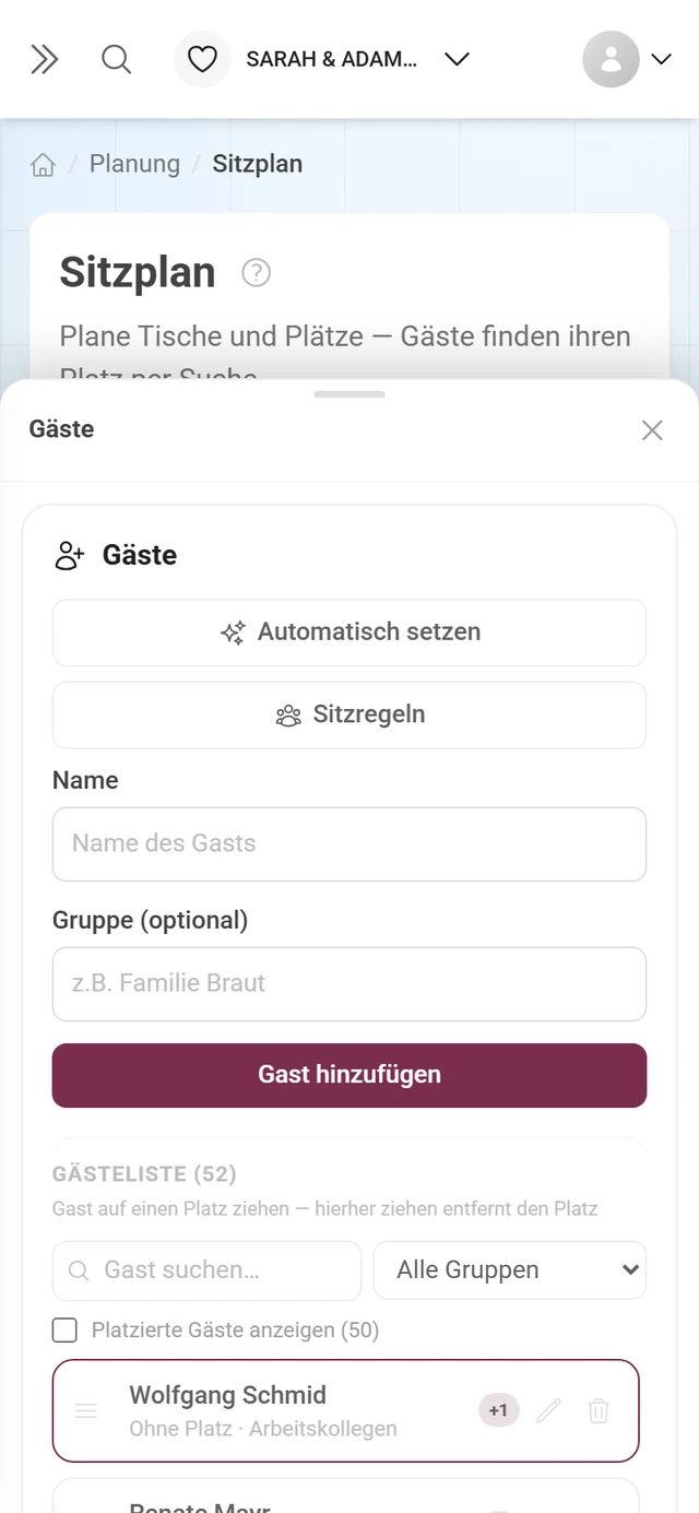 Gäste-Panel neben dem Raumplan mit Suche, Fortschritt und den Knöpfen Automatisch setzen und Sitzregeln