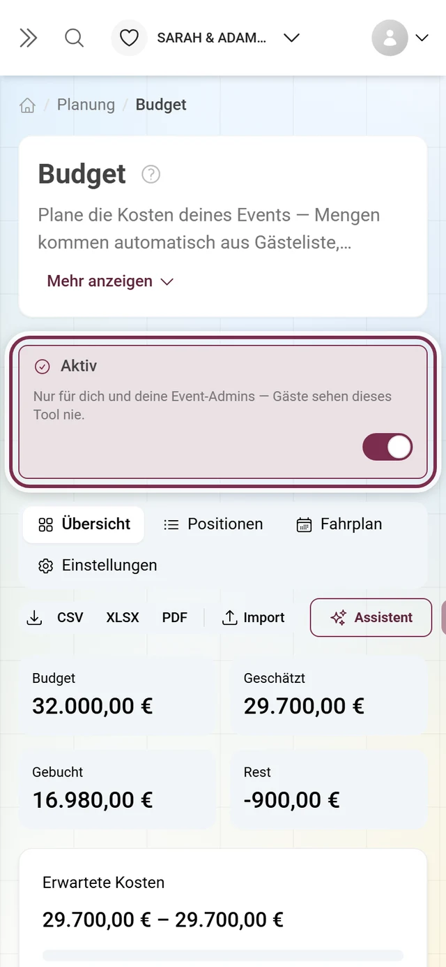 Budget-Editor mit der Erklärzeile für reine Admin-Werkzeuge