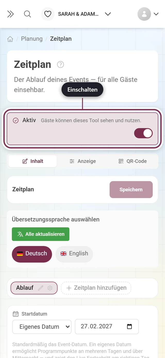 Tool-Editor mit hervorgehobenem Aktiv-Streifen über den Reitern