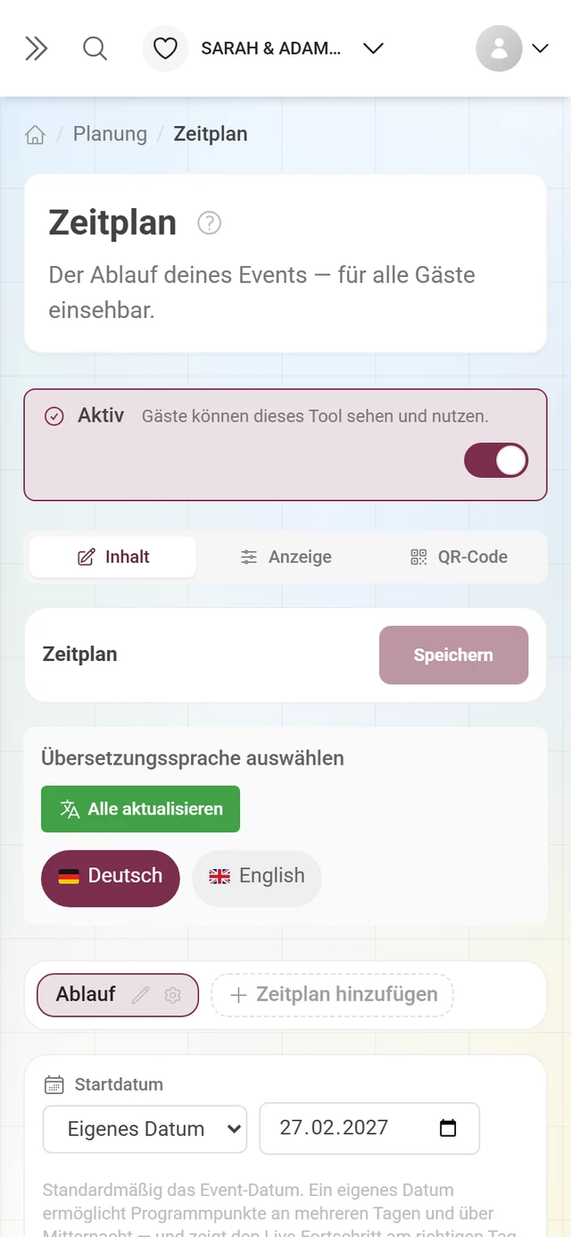 Editor eines Tools mit dem Aktiv-Streifen und der Reiter-Leiste