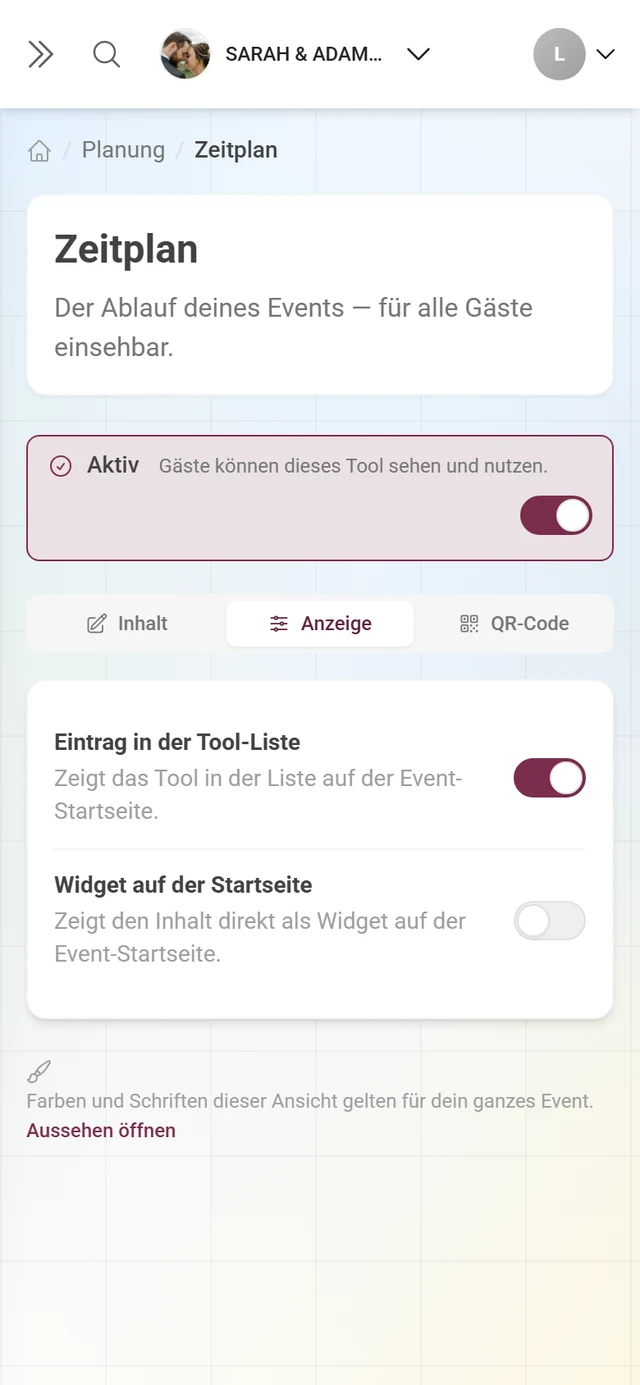 Reiter Anzeige mit den Schaltern für Widget und Gäste-Menü