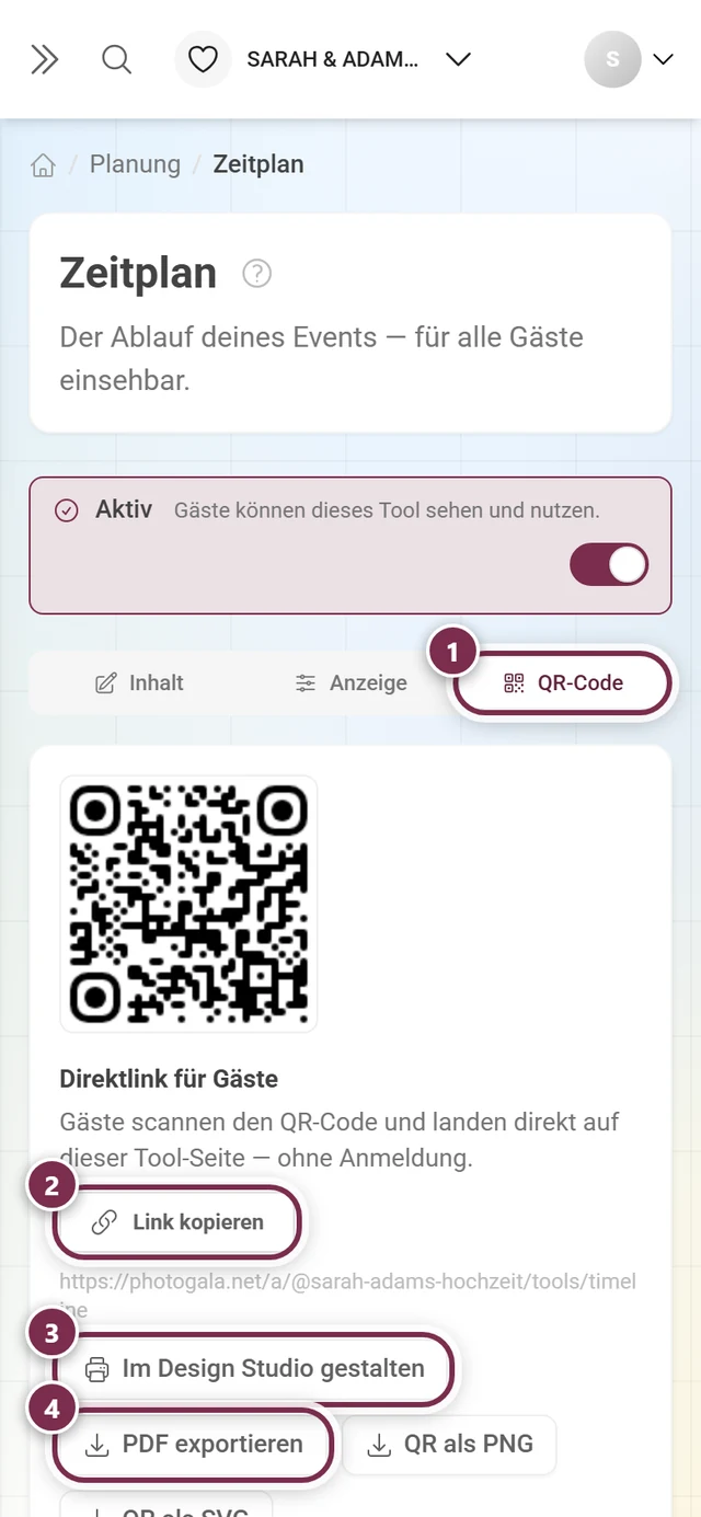 Reiter QR-Code mit nummerierten Ringen um den Reiter, Link kopieren, Im Design Studio gestalten und PDF exportieren