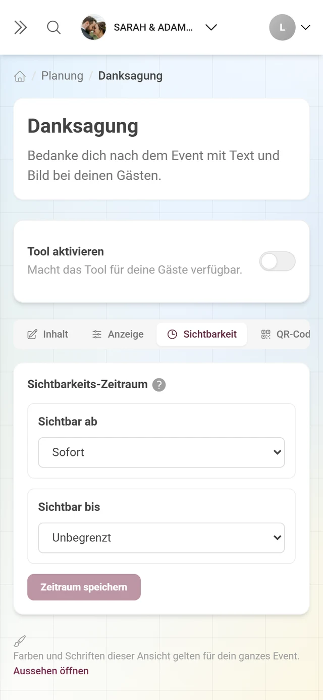 Reiter Sichtbarkeit mit den Modi für Start- und Endzeitpunkt