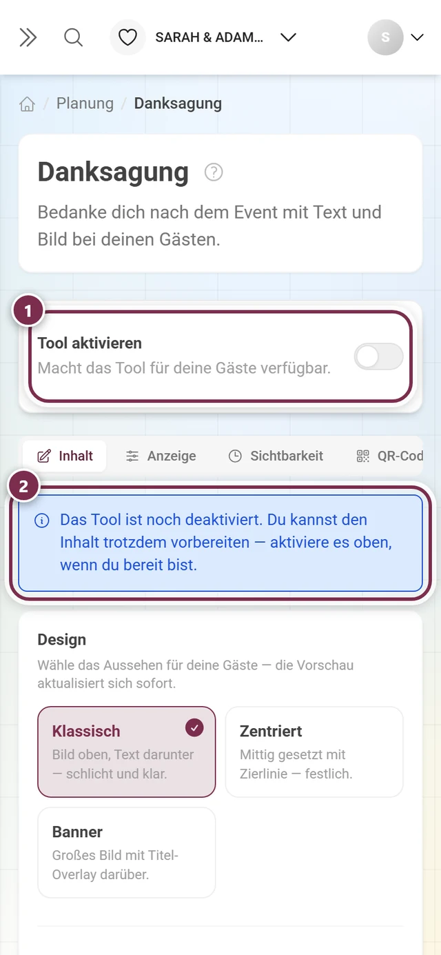 Danksagung mit ausgeschaltetem Tool und blauem Hinweis auf den Entwurfsmodus