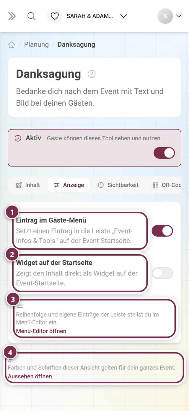 Reiter Anzeige mit den Schaltern für Gäste-Menü und Startseiten-Widget sowie zwei Querlinks
