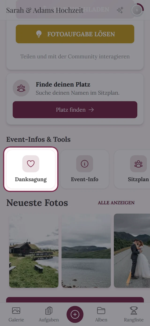 Kachel Danksagung in der Leiste Event-Infos und Tools der Gästesicht