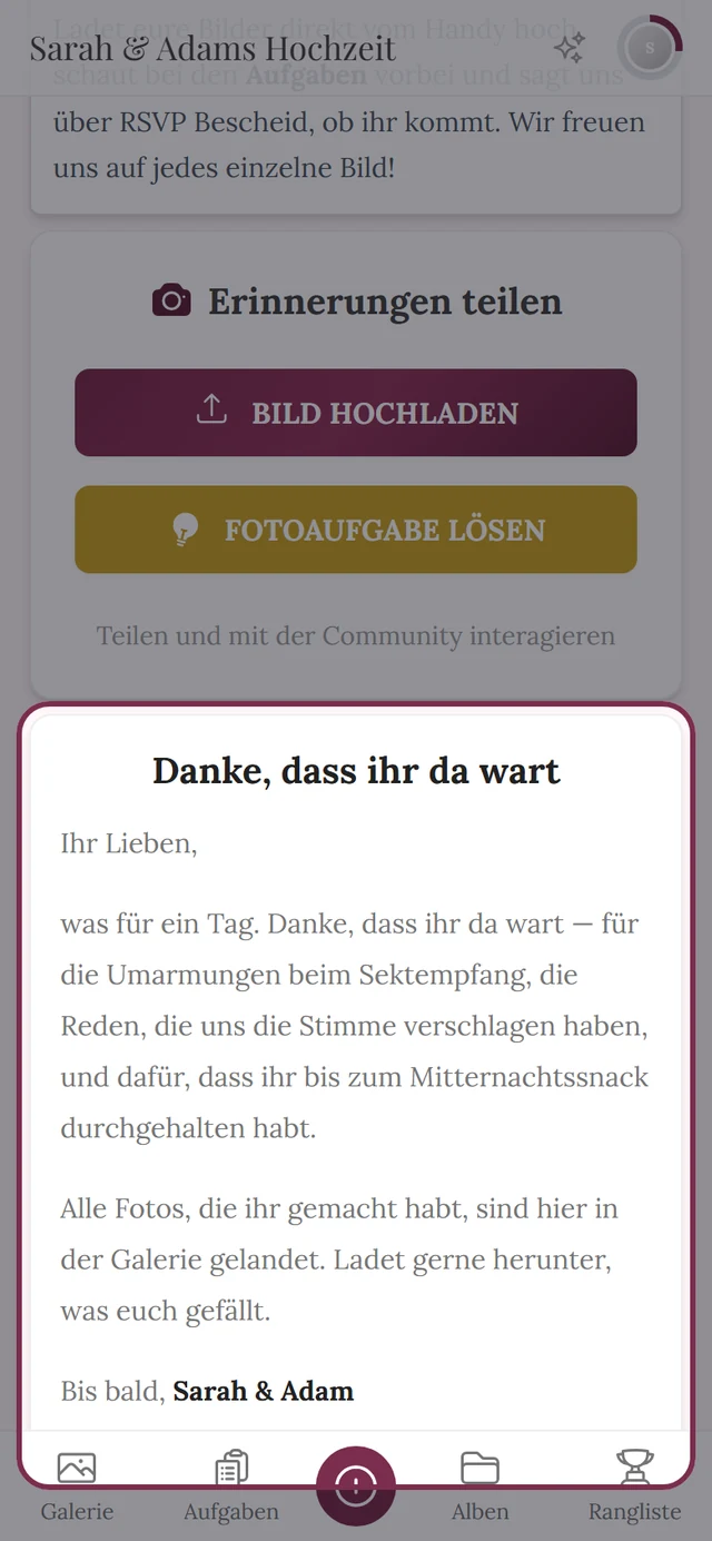 Danksagung als Widget auf der Event-Startseite in der Gästesicht