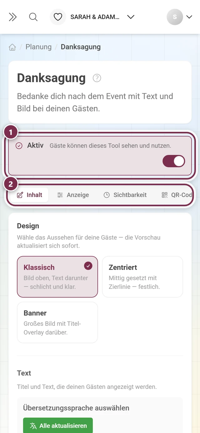 Kopfbereich der Danksagung mit Aktiv-Schalter und den vier Reitern