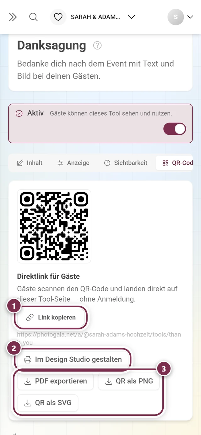 Reiter QR-Code mit Direktlink, Design-Studio-Knopf und den drei Datei-Exporten