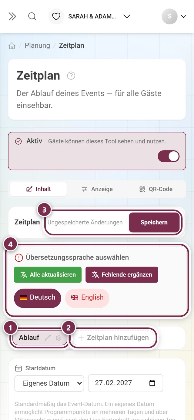 Zeitplan-Tool mit markierter Reiter-Leiste, Zeitplan hinzufügen, Sprachleiste und Speichern