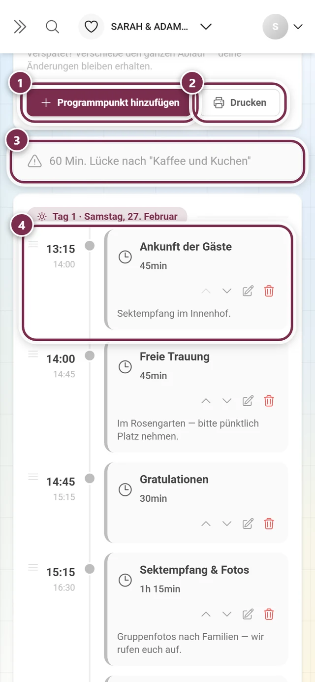 Zeitplan-Editor mit markiertem Programmpunkt hinzufügen, Drucken, der Lücken-Warnung und dem ersten Programmpunkt