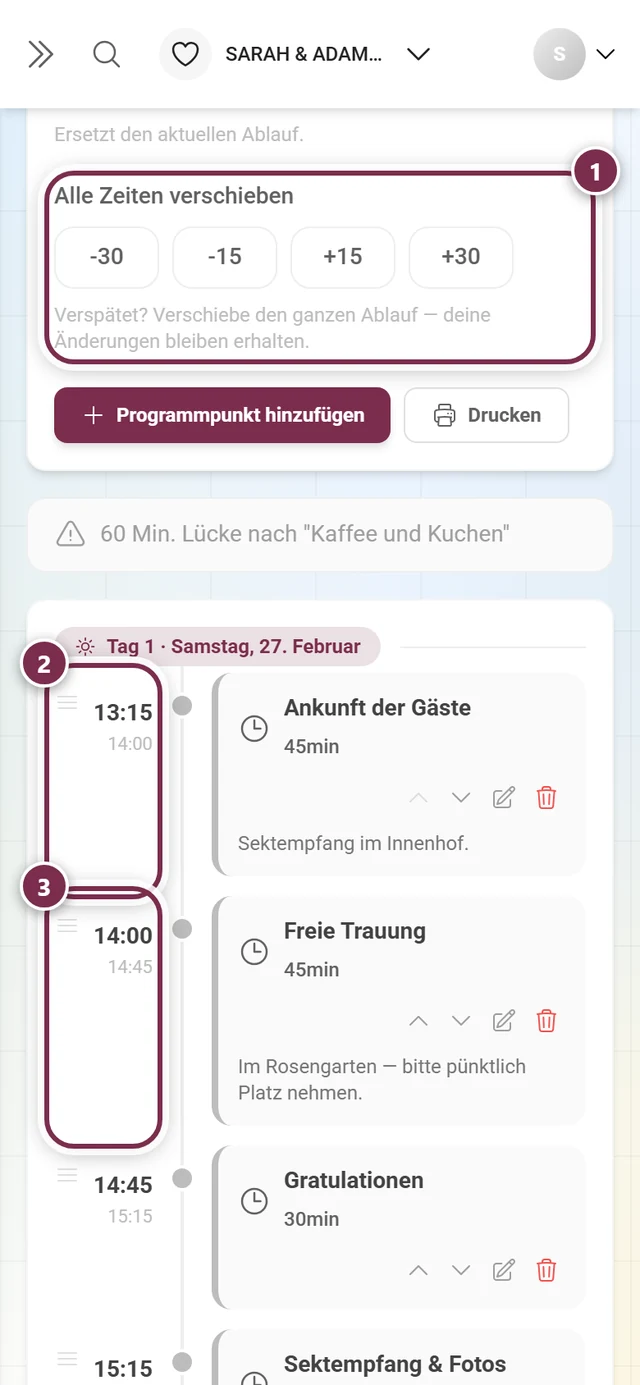 Block Alle Zeiten verschieben mit den vier Knöpfen und den ersten beiden markierten Programmpunkten