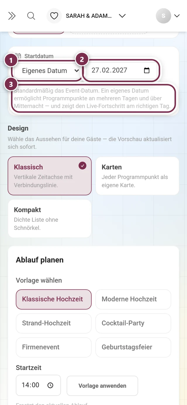 Bereich Startdatum mit markierter Auswahlliste, Datumsfeld und Erklärtext