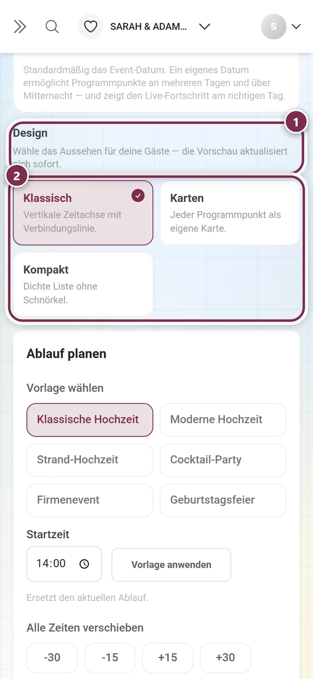 Abschnitt Design mit markierter Überschrift samt Hinweis und den drei Design-Karten