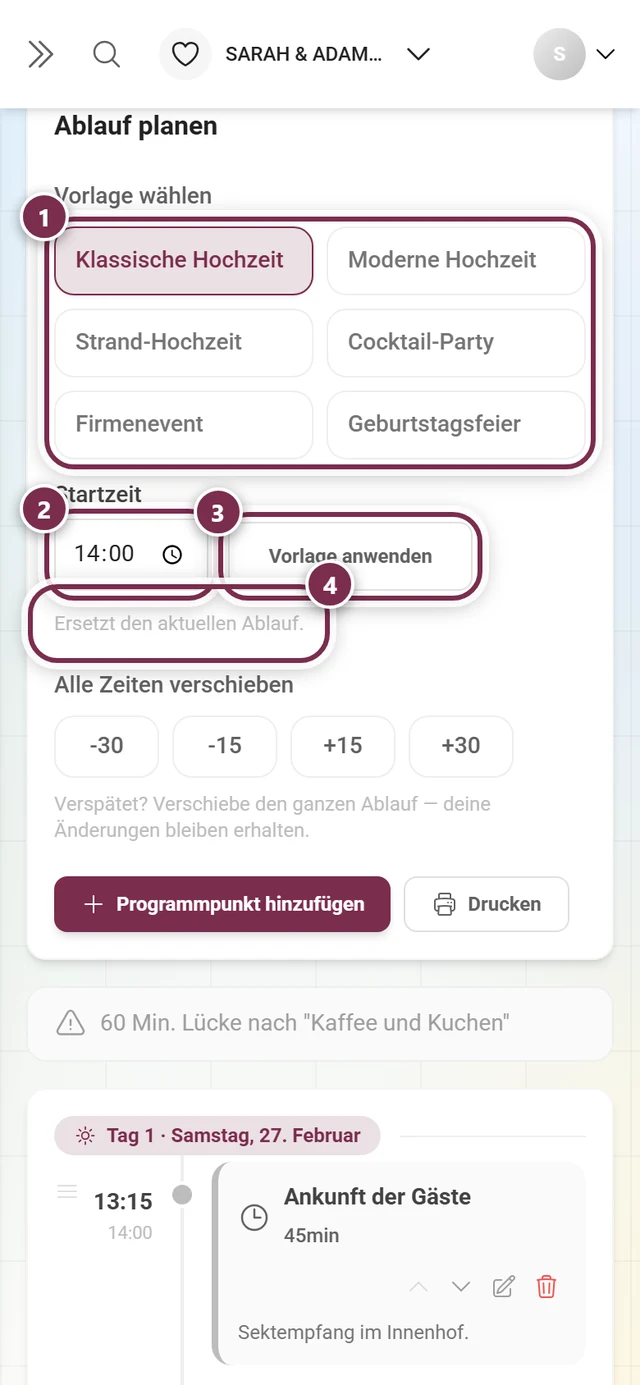 Abschnitt Ablauf planen mit markiertem Vorlagen-Raster, Startzeit, Vorlage anwenden und dem Hinweis