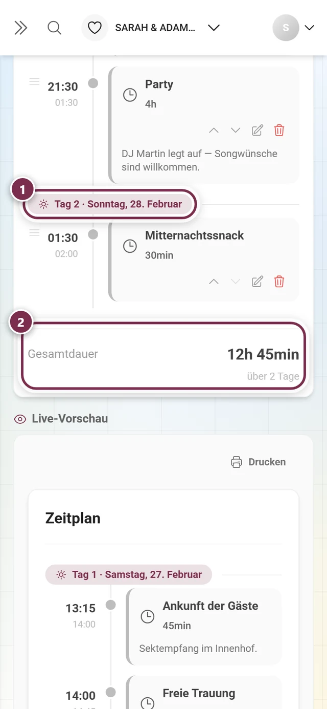 Ende der Programmpunkt-Liste mit markiertem Tagestrenner und der Fußzeile Gesamtdauer