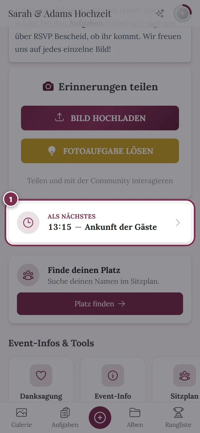 Startseite der Galerie mit dem Zeitplan-Widget Als Nächstes