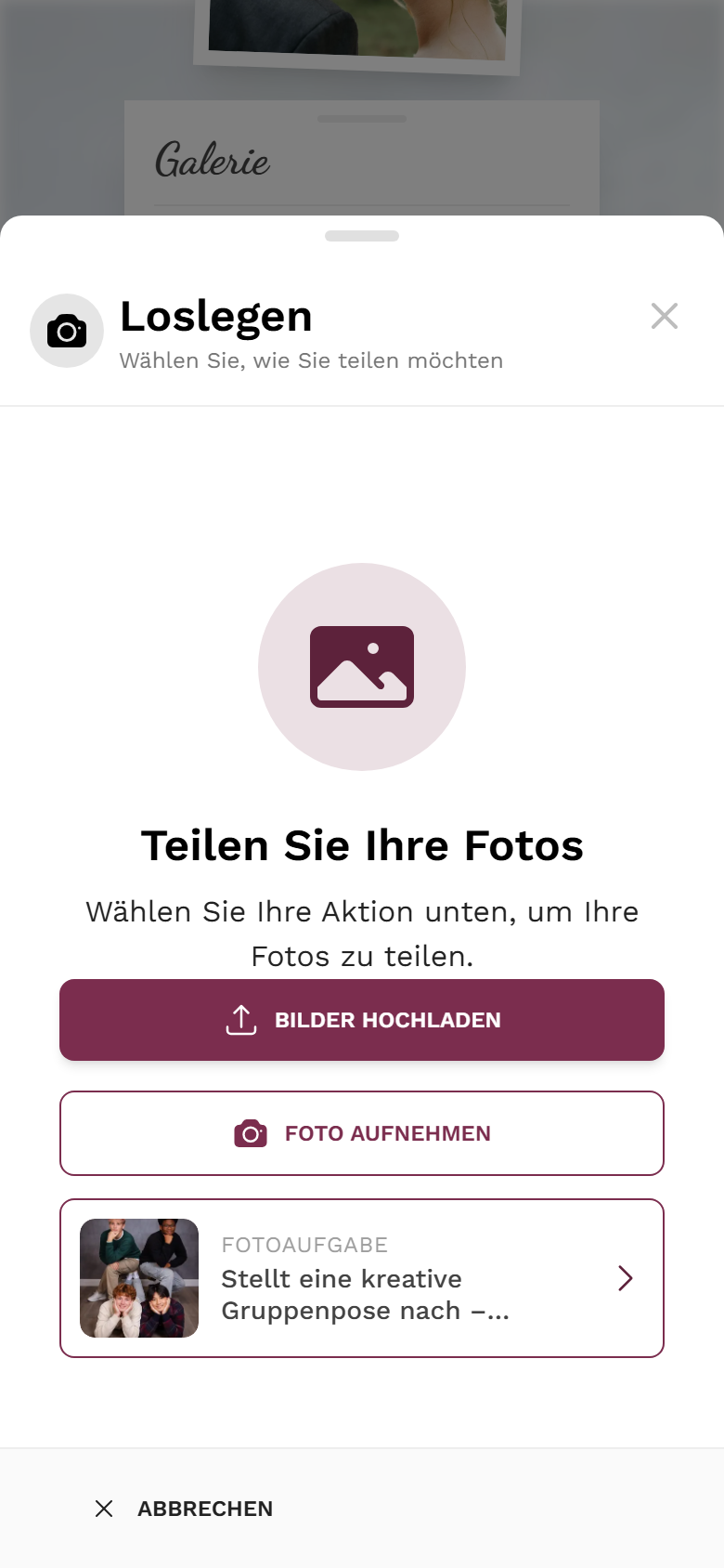 Upload-Dialog mit den Quellen Bilder hochladen und Foto aufnehmen