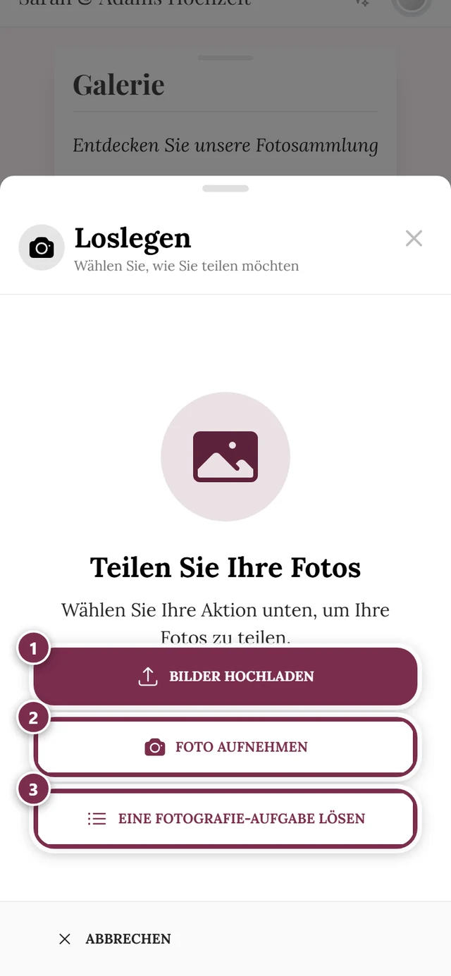 Upload-Dialog mit den Quellen Bilder hochladen und Foto aufnehmen