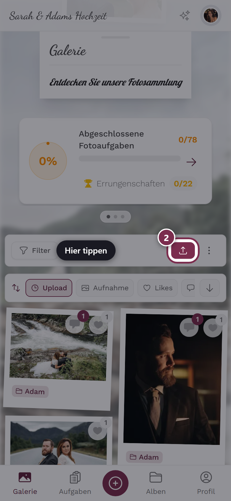 Hochladen-Button in der Galerie hervorgehoben