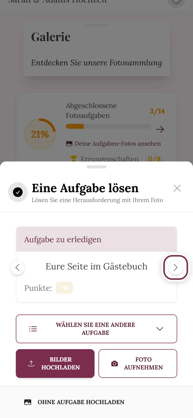 Aufgabenkarte im Upload-Dialog, der Pfeil Nächste Aufgabe ist markiert