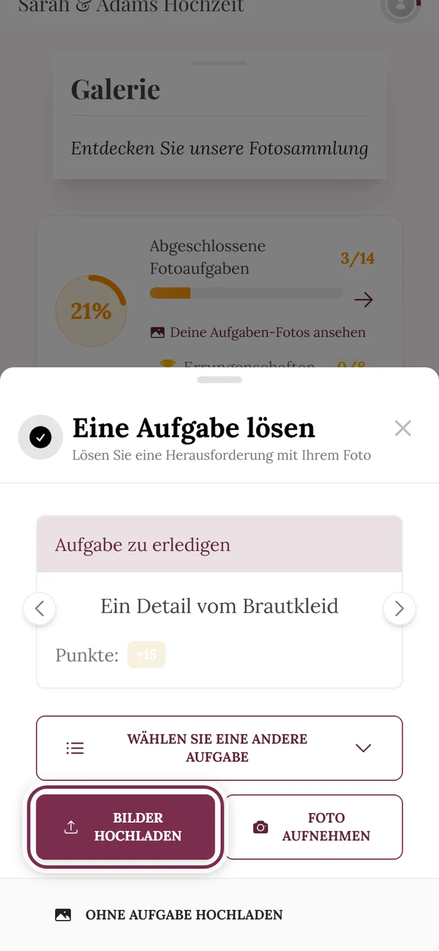 Schritt 2 des Upload-Dialogs mit der gewählten Aufgabe, der Knopf Bilder hochladen ist markiert