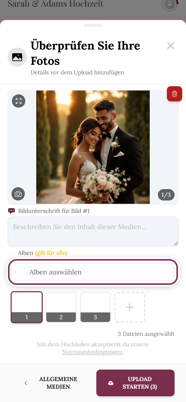 Prüf-Bildschirm des Uploads, der Knopf Alben auswählen ist markiert