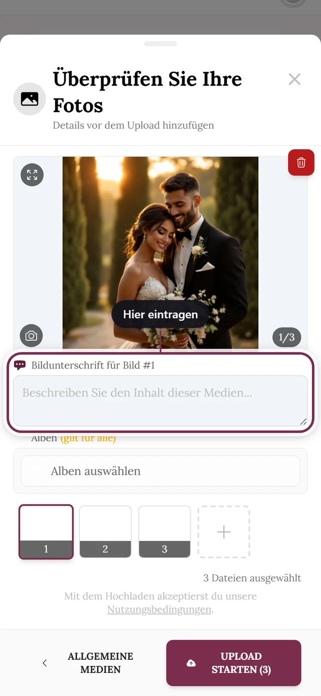 Prüf-Bildschirm des Uploads, das Feld für die Bildunterschrift ist markiert