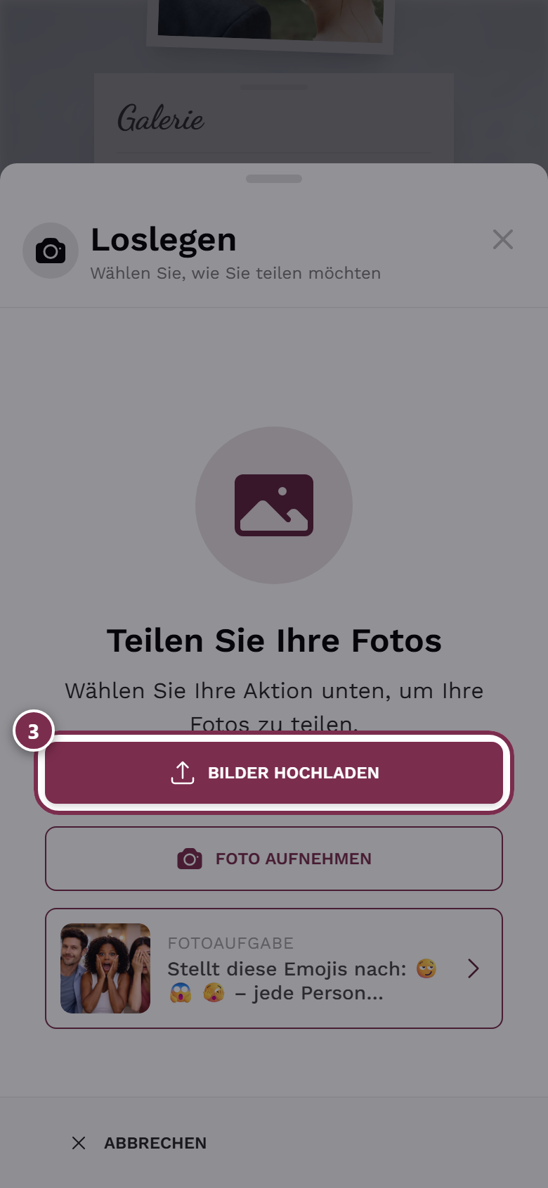 Upload-Dialog mit markiertem Bilder-hochladen-Button