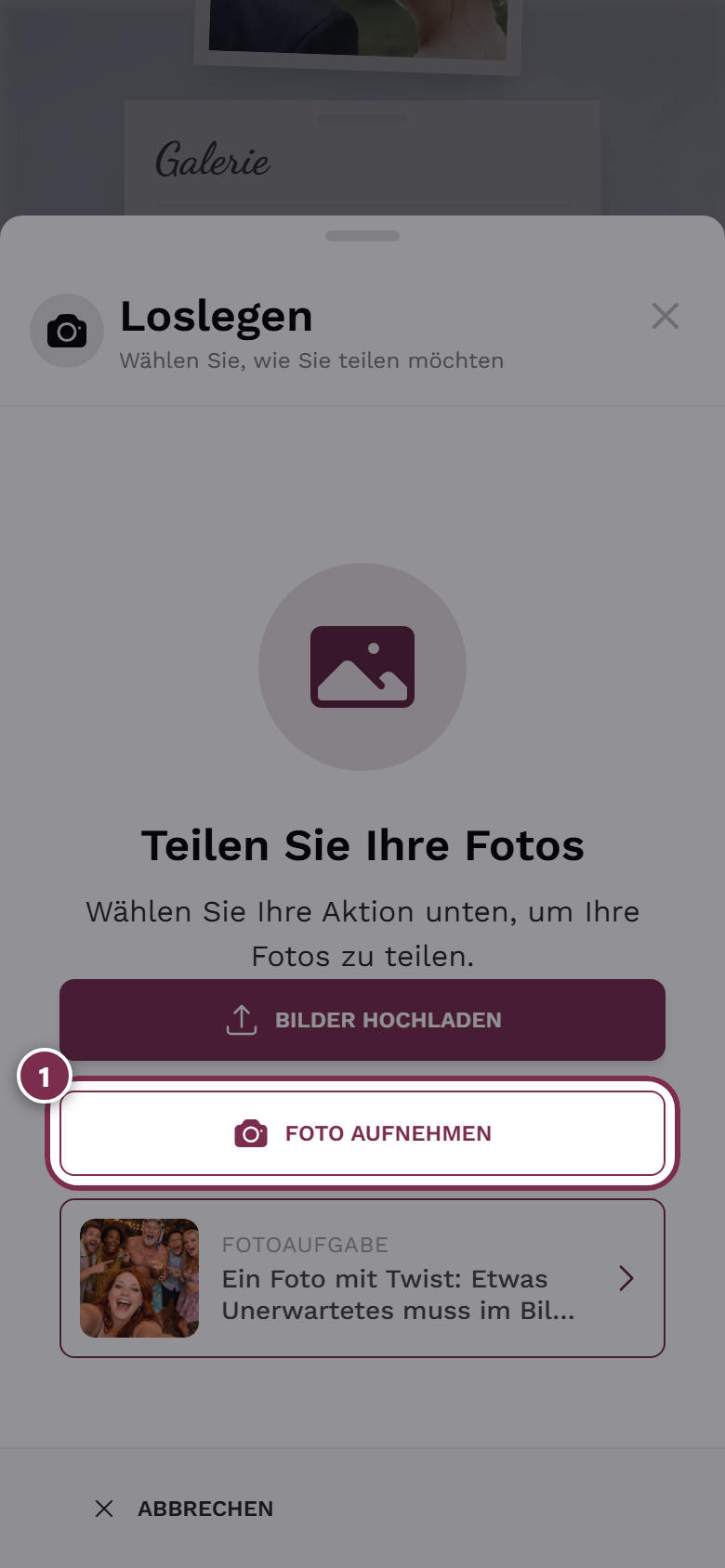 Upload-Dialog mit hervorgehobenem Button Foto aufnehmen