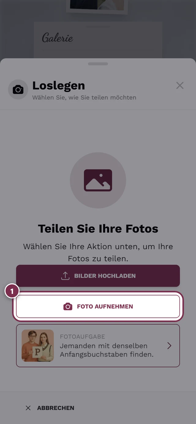 Upload-Dialog mit hervorgehobenem Button Foto aufnehmen