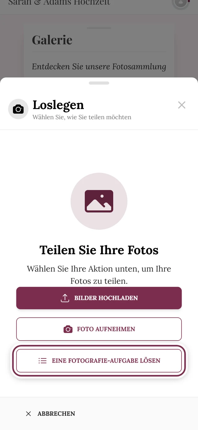 Erster Schritt des Upload-Dialogs, der Einstieg in den Aufgaben-Pfad ist markiert