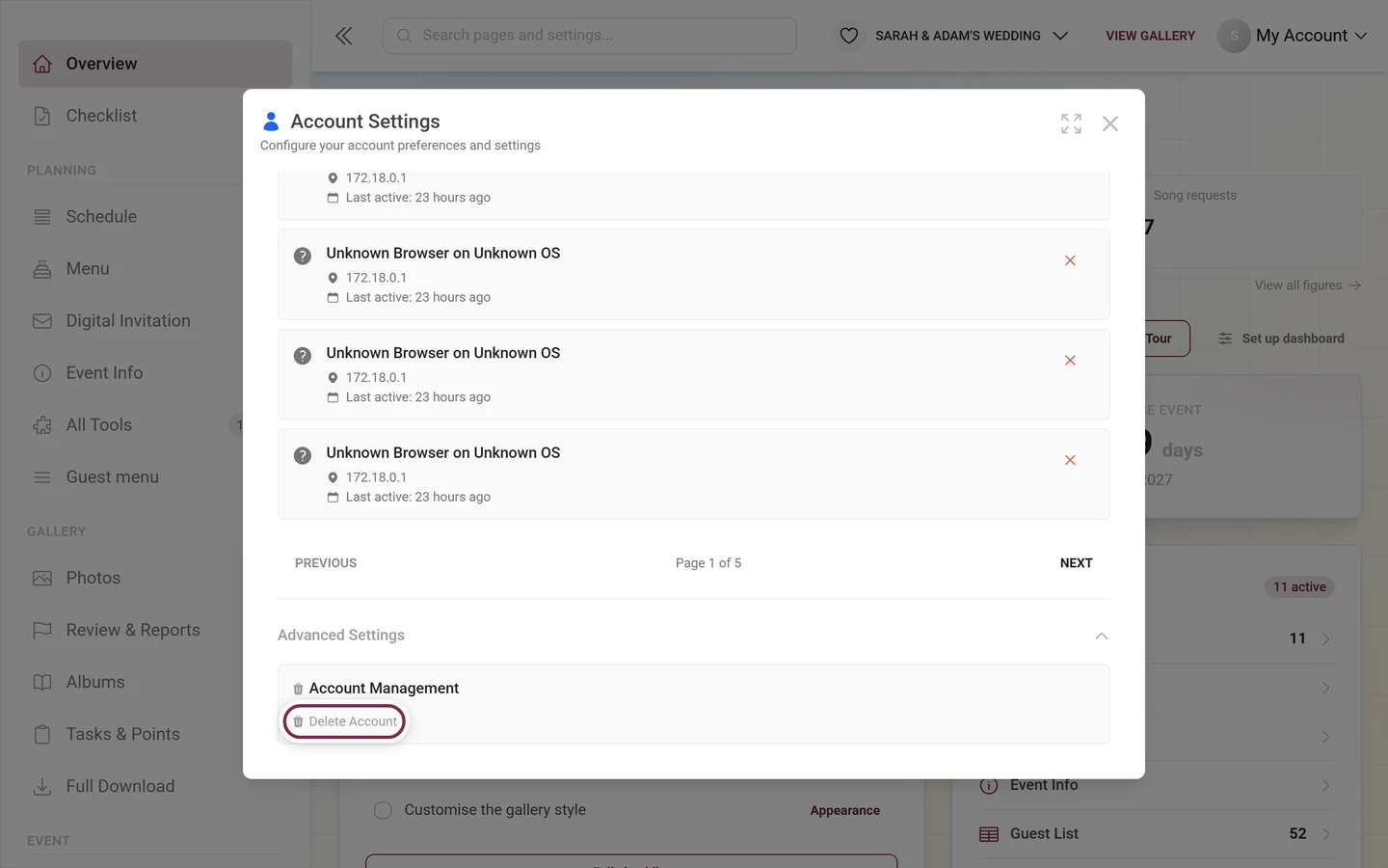 Security tab with Advanced Settings expanded and the Delete Account entry highlighted