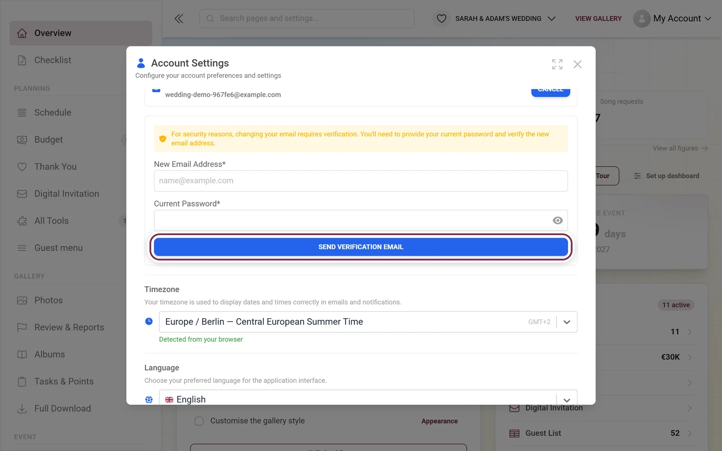 Account settings with the email change form open and the Send Verification Email button highlighted