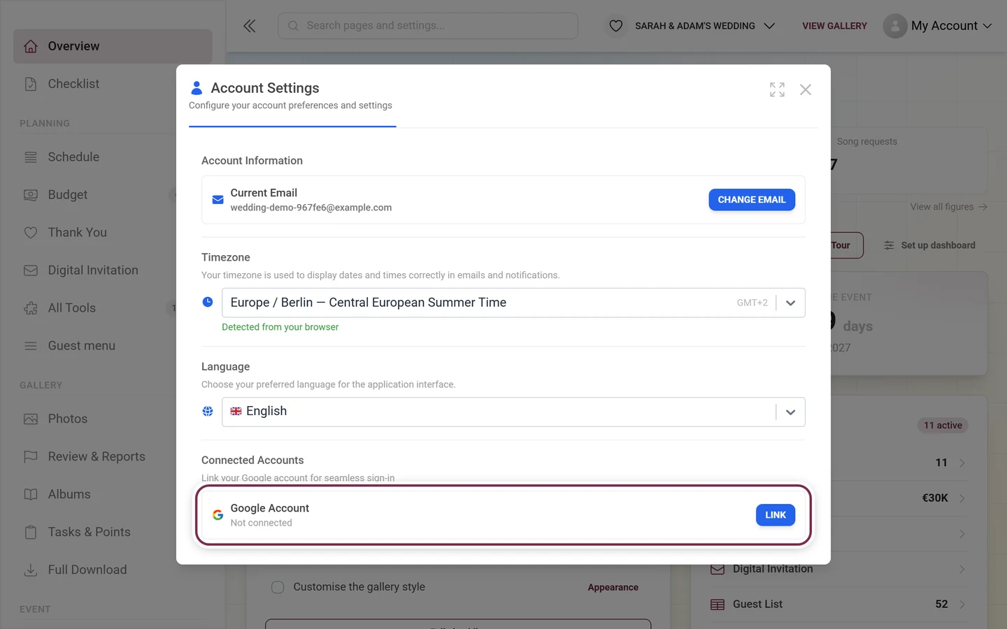 Account settings, Connected Accounts section with the Google Account row highlighted