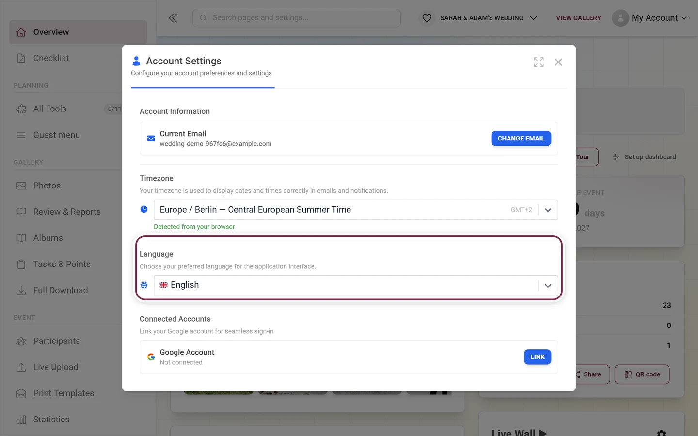 Account settings, General tab, the Language section with its dropdown highlighted