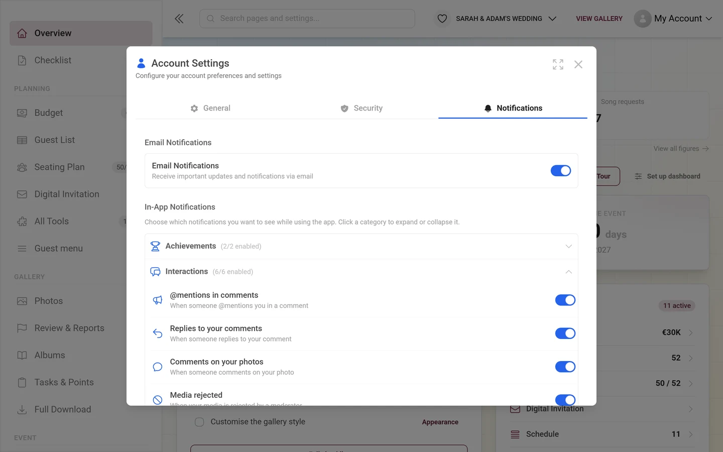 Notifications tab with the Interactions category expanded
