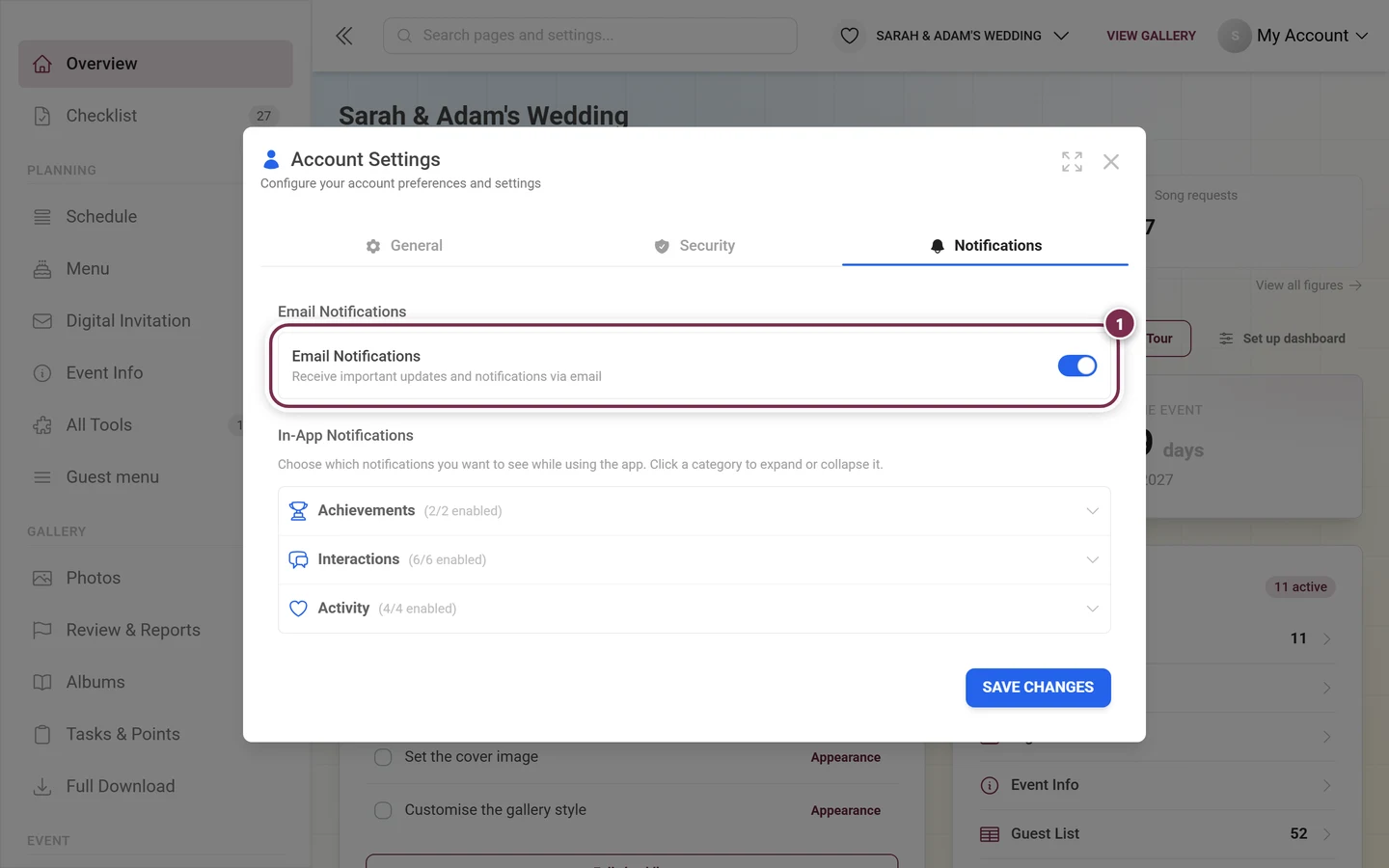 Notifications tab with the Email notifications box highlighted in red and the toggle on the right